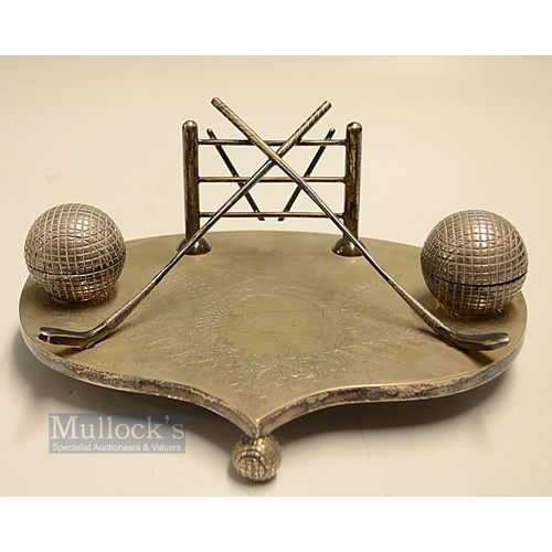 457 - Very early 1887 fine detailed Silver Plated Golfing Writing Desk Inkwell Stand - with stunning cross... 