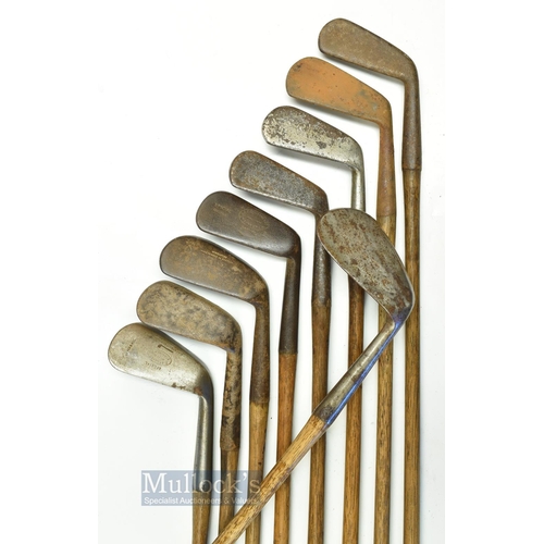 465 - 9x assorted irons incl Cochranes Edinburgh mashie, Shoorflite niblick, Hendry Bishop round back loft... 