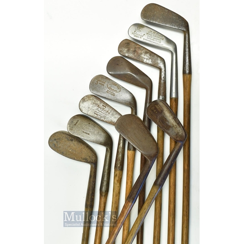 466 - 10x assorted irons incl Hendry & Bishop mussel back jigger, Tom Stewart mashie, Winton flanged sole ... 