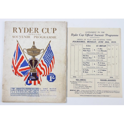 501 - Scarce 1933 Official Ryder Cup Golf Souvenir Programme - for the fourth international golf match bet... 