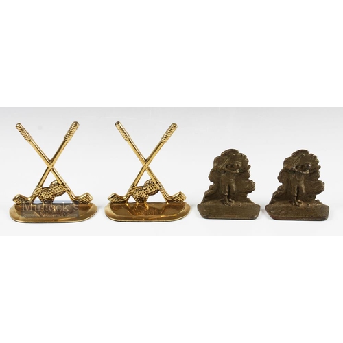 639 - Golfing Book Ends features a pair of crossed clubs in brass, measures 6.5inch high approx and a pair... 