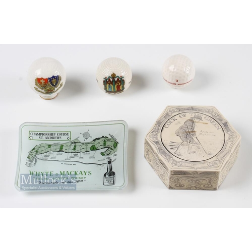 648 - Crested Ware Golf ball, St Andrews Whyte & Mackay's glass pin dish (small chip to it) and resin cock... 