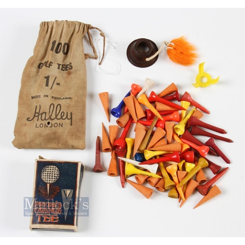 649 - Wooden Golf Tees - to include Pryde's orange tee empty box, Halley London bag of wooden tees, plus a... 