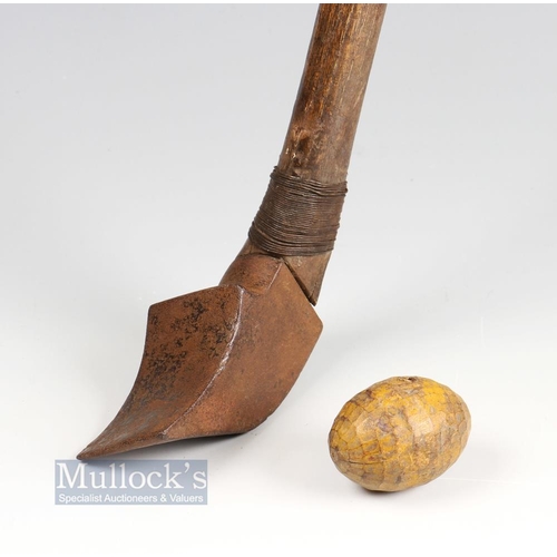 678 - 19thc Flemish/French Chloe iron club and wooden ball - fitted with the original thickened wrapped le... 