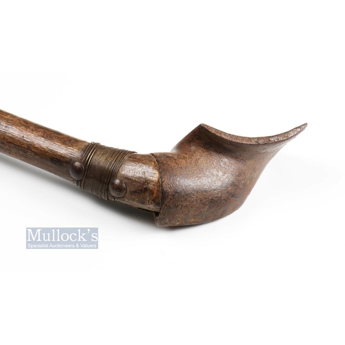 678 - 19thc Flemish/French Chloe iron club and wooden ball - fitted with the original thickened wrapped le... 