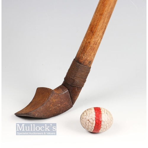 679 - 19thc Flemish/French Chloe iron club and wooden ball - fitted with thick corded grip c/w oval white ... 