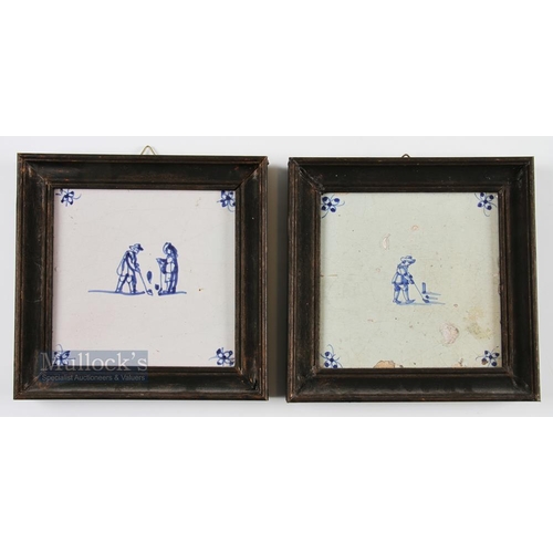 687 - 2x Early Dutch Delft Kolf/Golf Tiles c1700/1800s - both ceramic tiles are hand painted, decorated wi... 