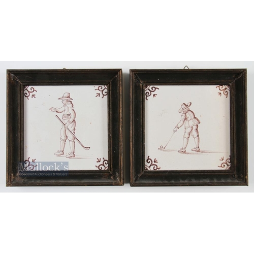 688 - 2x Late Dutch Delft Kolf/Golf Hand Painted Tiles - depicting two 17thc players - stamped on the back... 