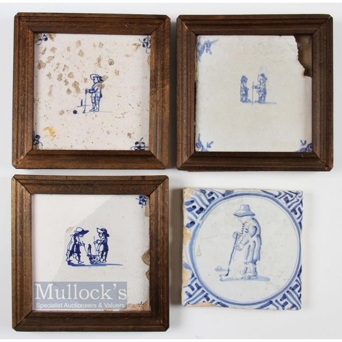 689 - 4x Early Dutch Delft Kolf/Golf Hand Painted Tiles c1700s - one has been restored, another has corner... 