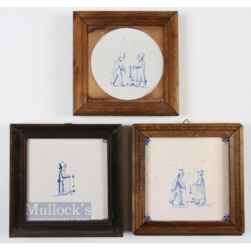 691 - 3x Early Dutch Delft Kolf/Golf Hand Painted Tiles c1800s - 3x mounted in wooden frames one with a ci... 