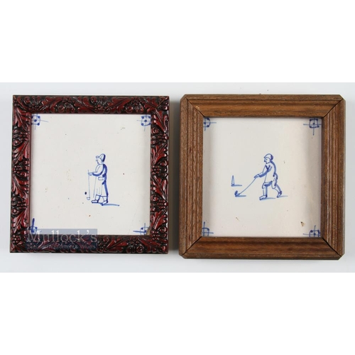 692 - 2x Early Dutch Delft Kolf/Golf Hand painted tiles c19thc - both mounted in different wooden frames m... 