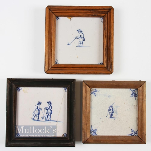 693 - 3x Early Dutch Delft Kolf/Golf Hand painted tiles c18thc - all with cracks either vertical or across... 