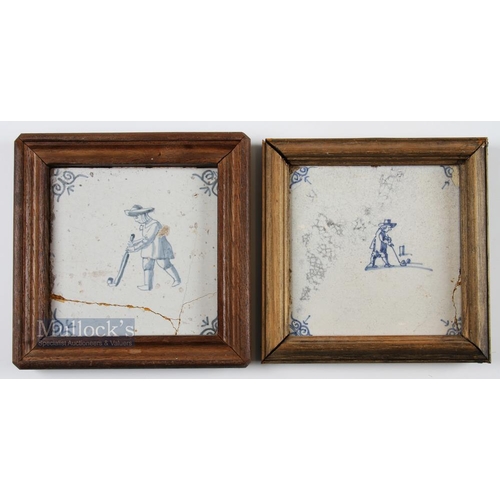 694 - 2x Early Dutch Delft Kolf/Golf Hand painted tiles c17thc - both with cracks -both mounted in wooden ... 