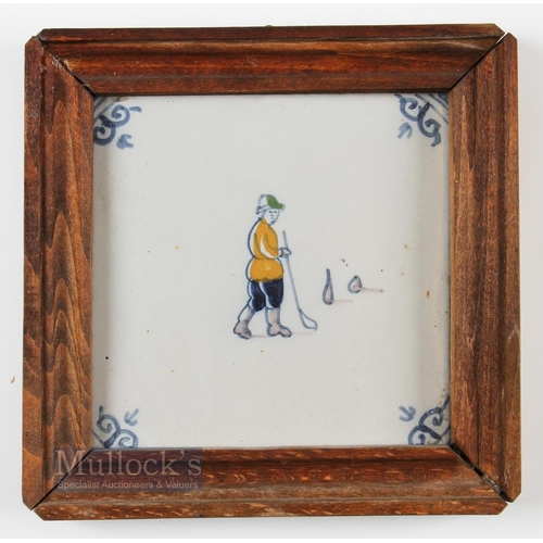 695 - An Early 20thc Dutch Delft Kolf/Golf hand coloured painted tile - mounted in a wooden frame 6.75