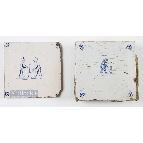 696 - 2x Early 18thc Dutch Delft Kolf/Golf hand coloured tiles - one removed from a fireplace surround ret... 