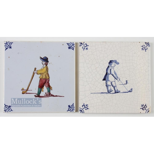 697 - 2x 20thc Dutch Delft Kolf/Golf Tiles - including a hand coloured tile (unused) and a used blue and w... 