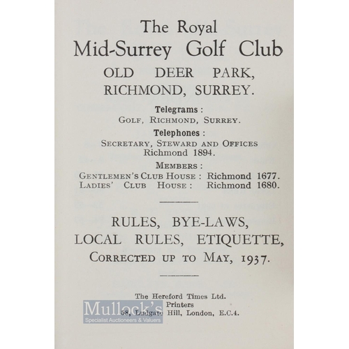 829 - 1937 Royal Mid Surrey Golf Club Rules Handbook - in the original red and gilt cloth boards - with li... 