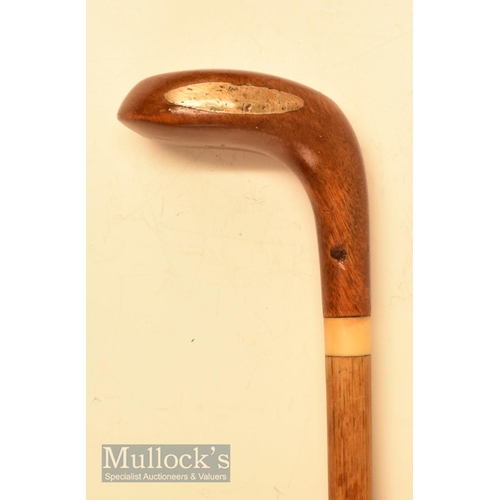 485 - An attractive small wooden head driver shaped golf walking stick with rounded sole, brown fibre tria... 