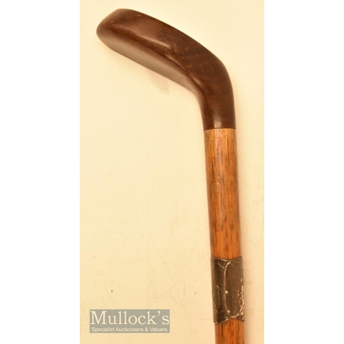 487 - Unnamed dark wooden mallet putter head styled golf walking stick with white plastic insert and metal... 