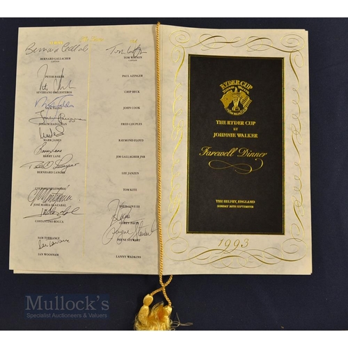 512 - Multi-Signed 1993 Ryder Cup Golf Farewell dinner menu - held at The Belfry on Sunday 26th September ... 