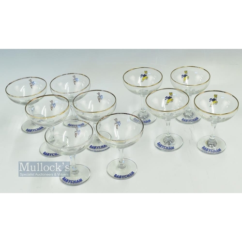 107 - 10x Babycham Drinking Glasses, 6 are the earlier white logo babycham type and 4 the later yellow