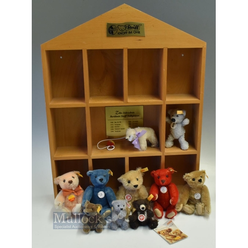 2 - Steiff Teddy Bear Collection Historic Bears Miniatures, on wooden stand, the stand is for the Decade... 