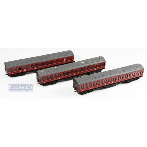 37 - Rake of 3 - O Gauge Fine-scale Model Railway Carriages /Coach, kit built LMS 1st +3rd class carriage... 