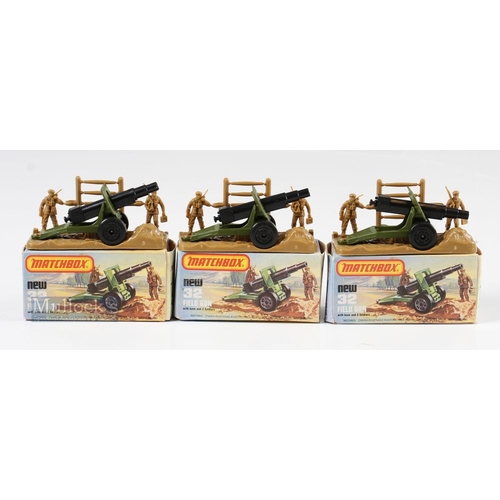 53 - Three Matchbox Toys series 75 Field Gun No. MB32 all in original boxes with their plastic base and f... 