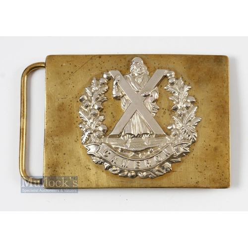 69 - Cameron Highlanders military belt plate with scratched marks to reverse, 3 3/8