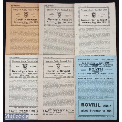 157 - 1946-7 Newport Rugby Programmes (6): Homes v Cardiff (both games), Plymouth Albion, Cambridge Univ &... 