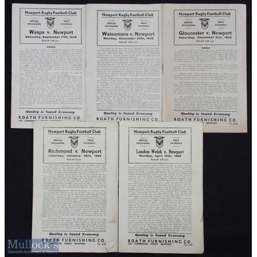 158 - 1949-50 Newport Rugby Programmes (5): Rodney Parade issues v Wasps, Watsonians, Gloucester, Richmond... 