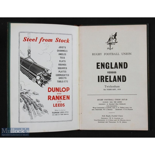 344a - 1958 VIP England v Ireland Rugby Programme: Green leatherette bound Twickenham issue but very distre... 