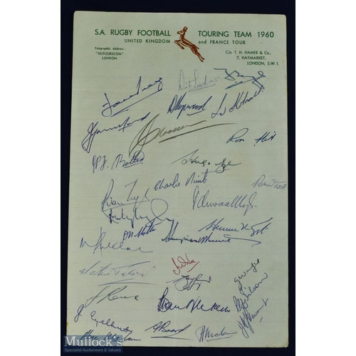 362a - 1960 Springboks in UK/France Rugby Autograph Sheet: On Springbok-coloured official headed paper, sig... 