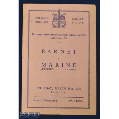 412 - 1946 FA Amateur Cup s/f match programme Barnet v Marine 30 March 1946 at Dulwich Hamlet; 4 page, fai... 