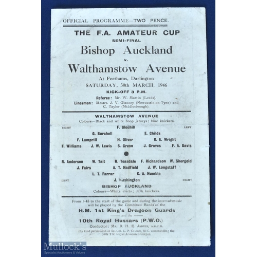 446 - 1945/46 FA Amateur Cup semi/final match programme Bishop Auckland v Walthamstow Avenue 30 March 1946... 