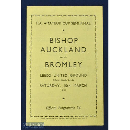 469 - FA Amateur Cup s/f programme 1951 Bishop Auckland v Bromley 10 March at Leeds Utd; fair/good.