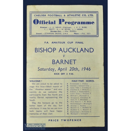 474 - 1946 FA Amateur Cup final programme Bishop Auckland v Barnet 20 April 1946 at Chelsea; fair conditio... 