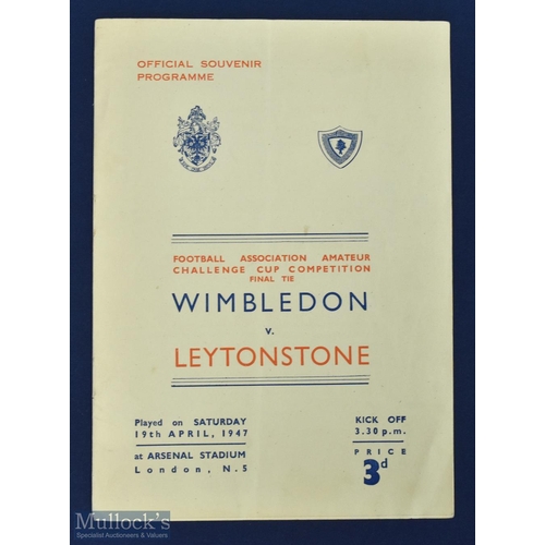 477 - 1947 FA Amateur Cup final programme Wimbledon v Leytonstone 19 April 1947 at Arsenal; fair/good cond... 