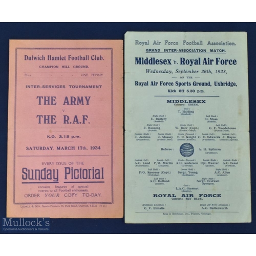 494 - Pre-war inter association/services match programmes 1923 Royal Air Force v Middlesex 26 September 19... 