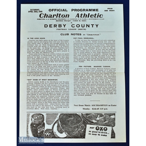 528 - 1945/46 Charlton Athletic v Derby County league south 20 April 1946 (FA Cup final rehearsal); single... 