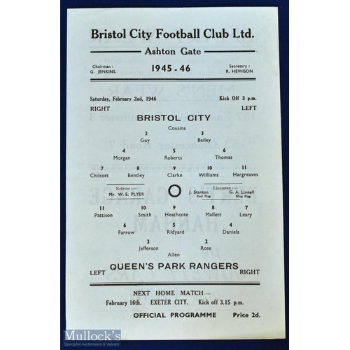 531 - 1945/46 Bristol City v Queens Park Rangers league south 2 February 1946, single sheet programme; sli... 