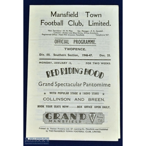 535 - 1946/47 Mansfield Town v Reading Div. 3 (south) match programme Xmas Day 1946; good.