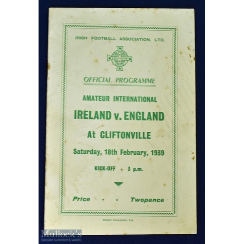 564 - 1939 Ireland v England amateur international match programme 18 February 1939 at Cliftonville, has s... 