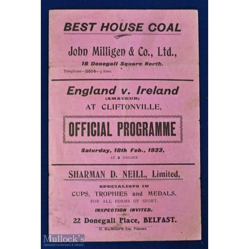 577 - 1933 Ireland v England amateur international match programme 18 February 1933 at Cliftonville, 4 pag... 