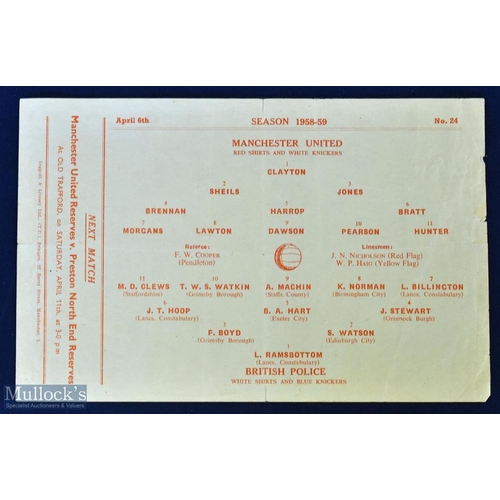 587 - Scarce friendly match programme 1958/59 Manchester Utd v British Police at Old Trafford 6 April 1959... 