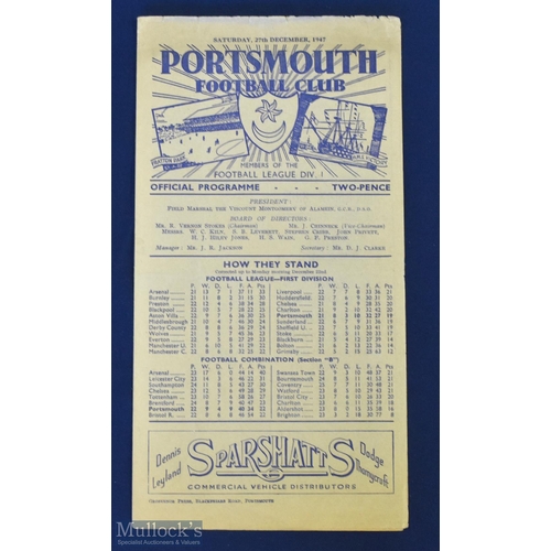 635 - 1947/48 Portsmouth v Manchester Utd Div. 1 match programme 27 December 1947, fold out type; fair con... 