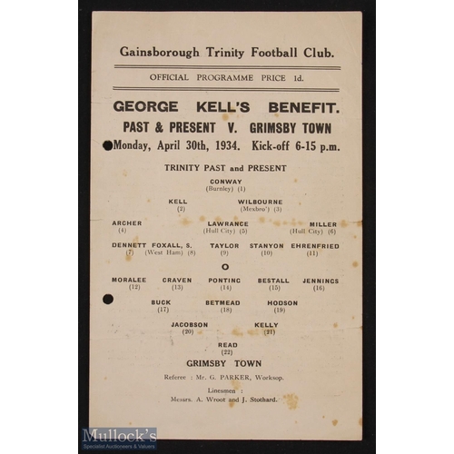 715 - Pre-war 1933/34 benefit match programme Gainsborough Trinity v Grimsby Town single card 30 April 193... 