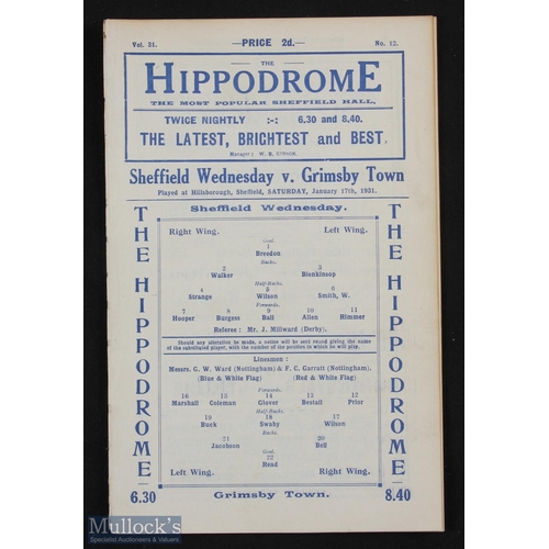 719 - 1930/31 Sheffield Wednesday v Grimsby Town Div. 1 match programme 17 January 1931 at Hillsborough; g... 