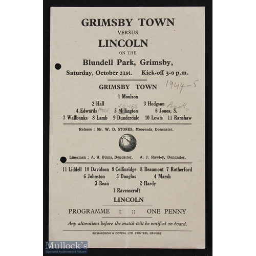 734 - War time Football League north Grimsby Town v Lincoln City 21 October 1944, single sheet, neat punch... 