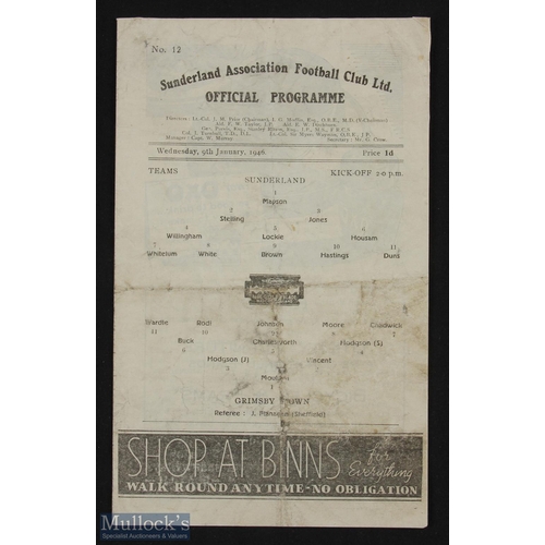 737 - 1945/46 FAC Sunderland v Grimsby Town programme, Wednesday, 9 January 1946 at Roker Park; 4 pager, f... 